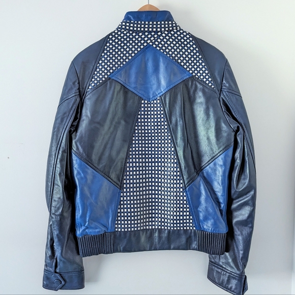 Barnabe Hardy Blue Patchwork Origami CrossWeave Biker Leather Jacket France 48 M - Picture 2 of 14
